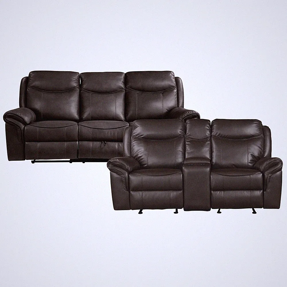 BROWN FAUX LEATHER RECLINING SOFA w/ DROP DOWN TABLE LOVESEAT FURNITURE SET