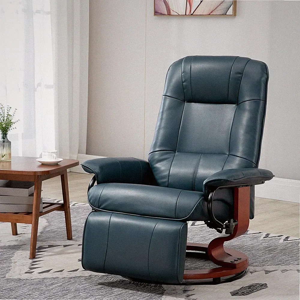 Faux Leather Manual Recliner with Swivel Wood Base, Blue