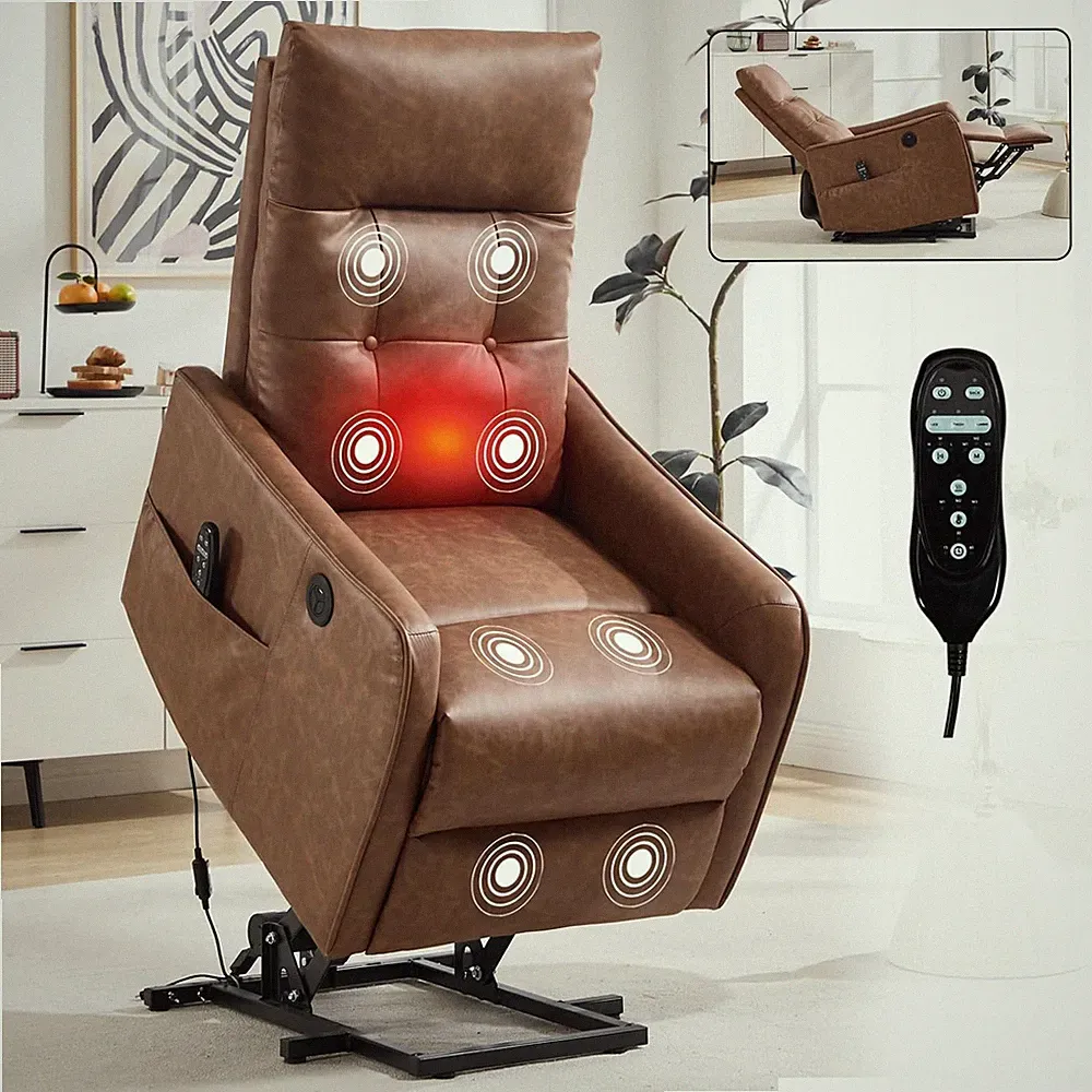 Leather Power Lift Recliner Chair with Massage & USB Port - Yellow Brown