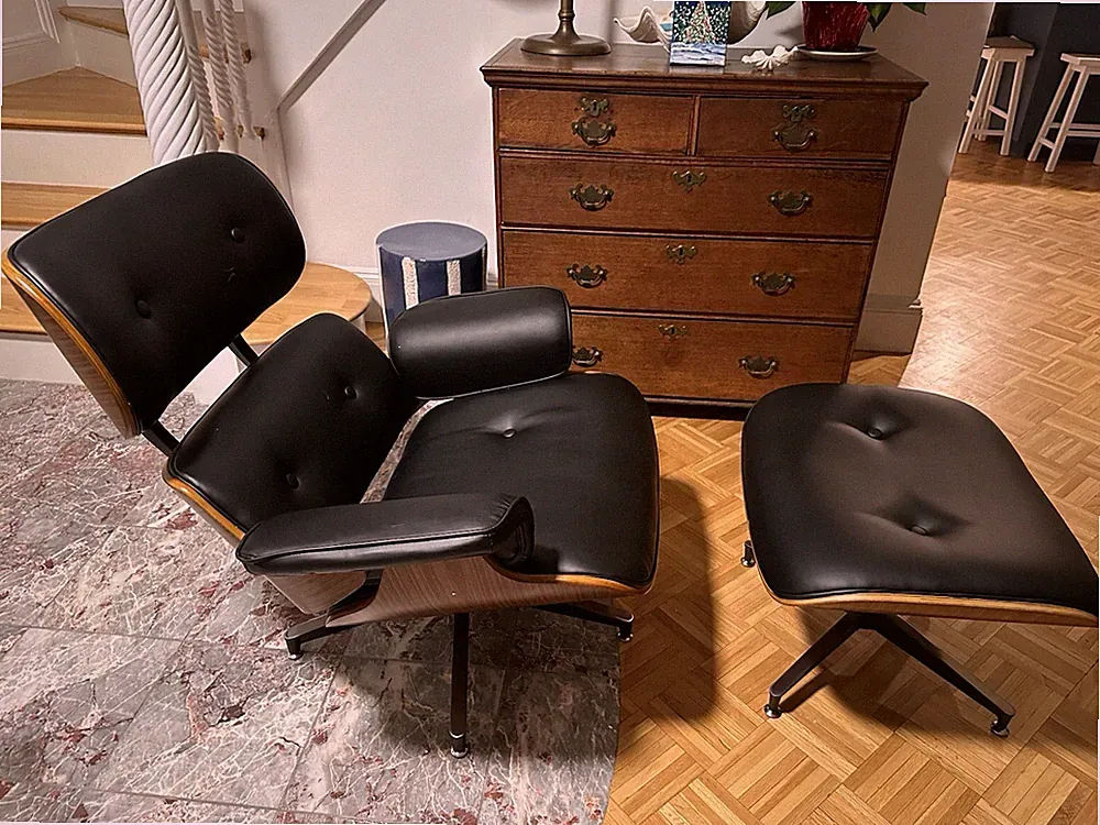 Mid Century Eames Style Lounge Chair & Ottoman Black Vegan Leather — New In Box