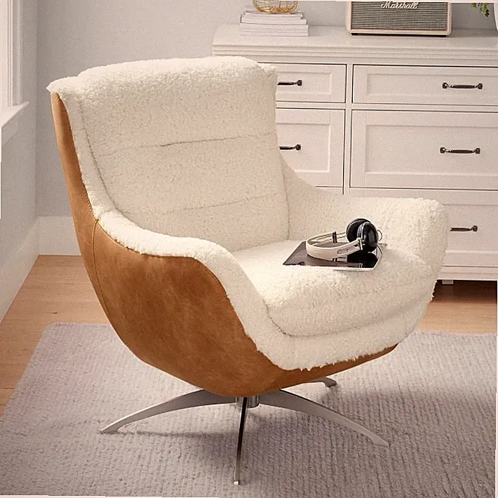NEW Plush Caramel Swivel Lounge Cushion Chair, Sherpa Ivory And Vegan Leather